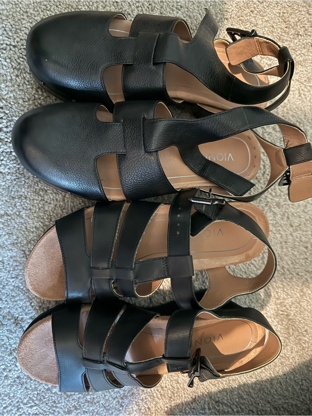 Vionic Black Leather Open-Strap Comfort Sandals